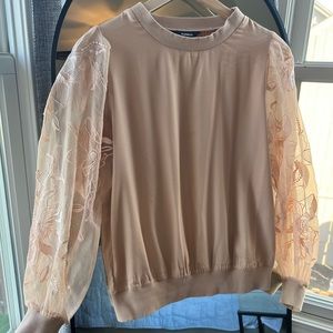 Express Sheer Floral Organza Sleeve Crew Neck Top, Size Small, Cuban Sand